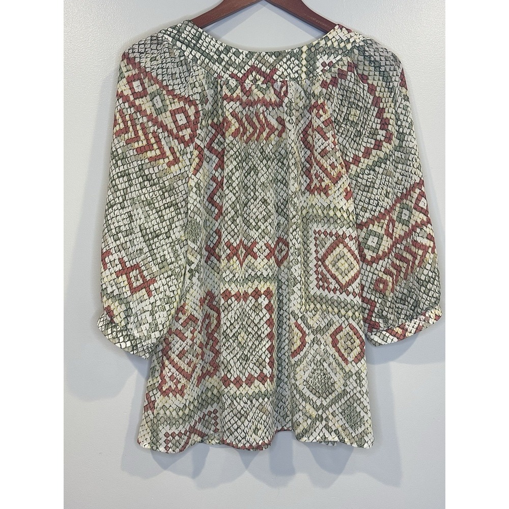 Alfred Dunner Tunic Top Womens 12 Olive & Rust Snakeskin Print‎ Beaded Front Tie - Picture 2 of 7